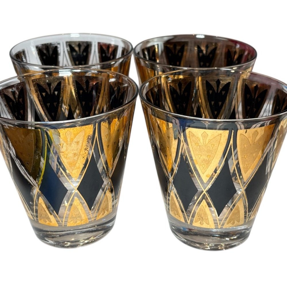 Fred Press Vintage MCM Black & Gold Glass Tumblers Barware Lowball